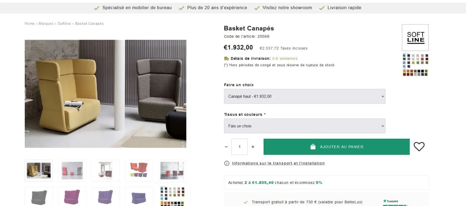Basket Canapé avec Dossier Haut en Tissu Gris — vue 5