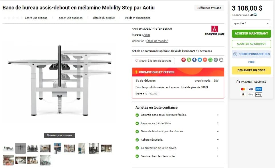 Bureau bench Actiu Mobility réglable en hauteur 160x80cm — vue 6