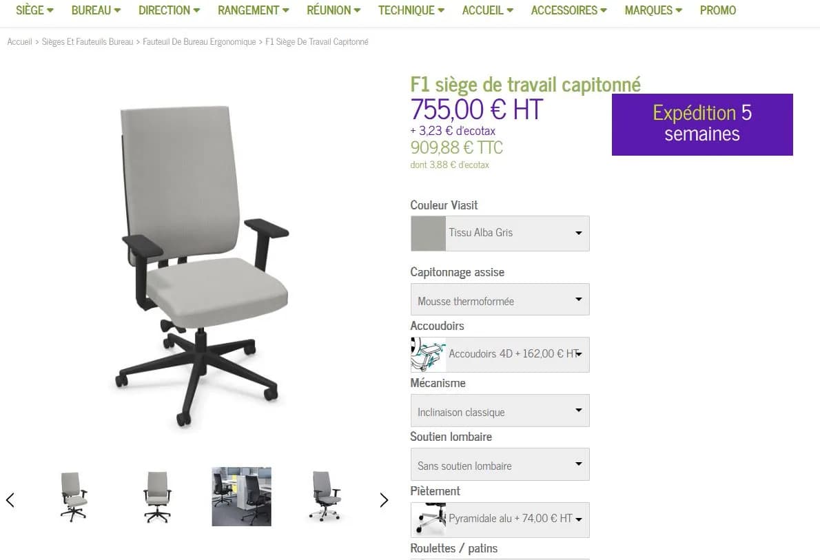 Chaise roulette Viasit F1 4D dossier ajustable — vue 7