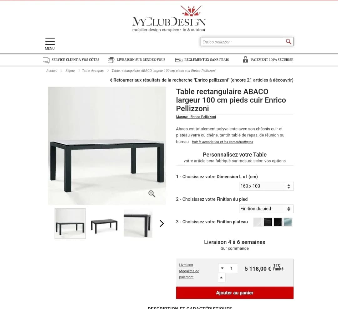 Table rectangulaire ABACO largeur 150x200cm pieds cuir Enrico Pellizzoni — vue 4