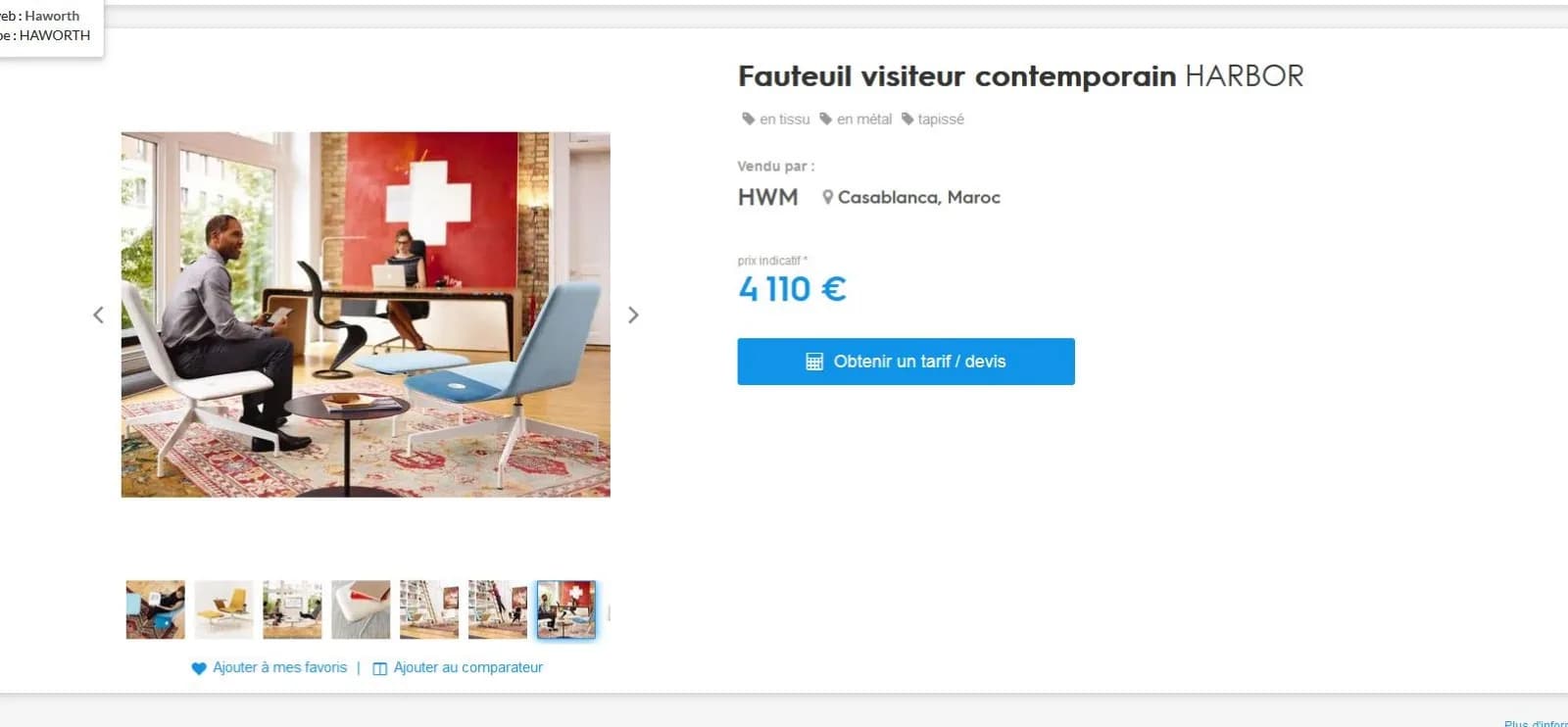 Fauteuil visiteur contemporain HARBOR Haworth bleu tissu — vue 5