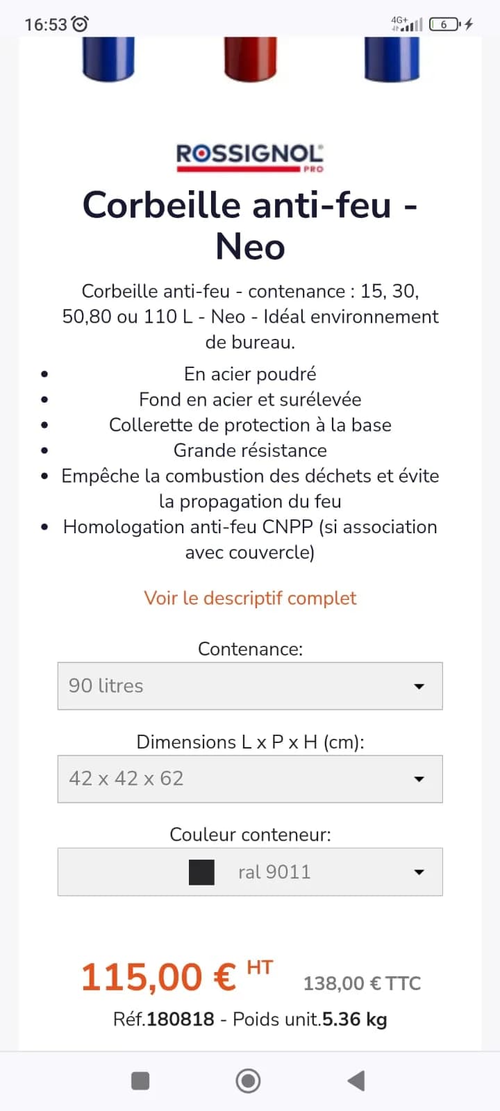 Corbeille anti feu Rossignol Neo métallique Noir 90 Litres — vue 4