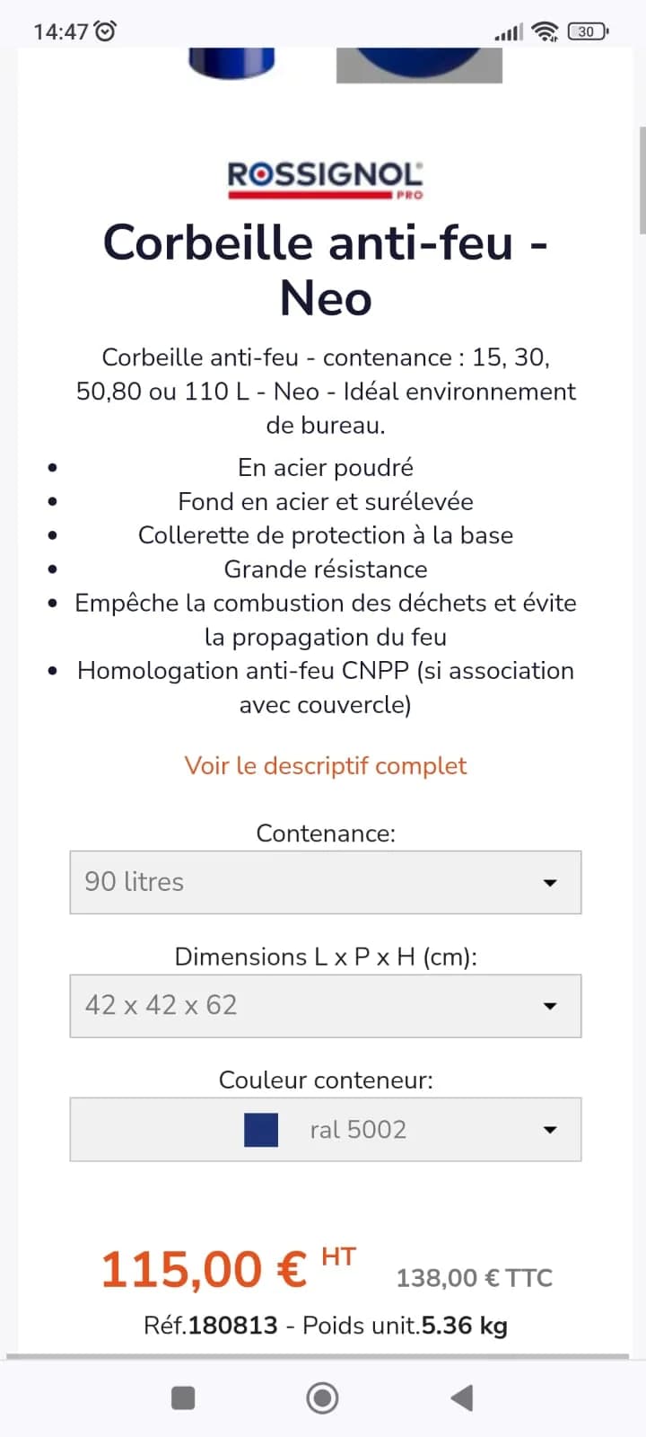Corbeille anti feu Rossignol Neo métallique bleu 90 Litres — vue 5
