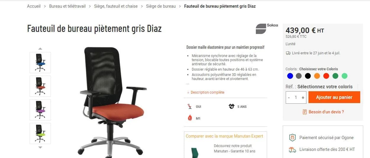 Fauteuil de bureau SOKOA accoudoir 3D résille — vue 4