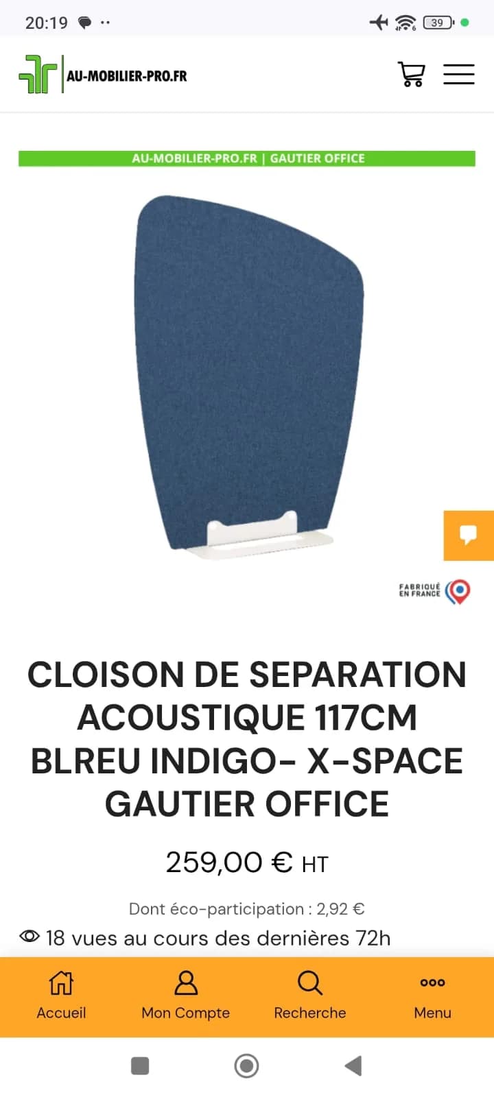 CLOISON ACOUSTIQUE 117CM INDIGO X SPACE GAUTIER OFFICE BLEU NEUF — vue 3