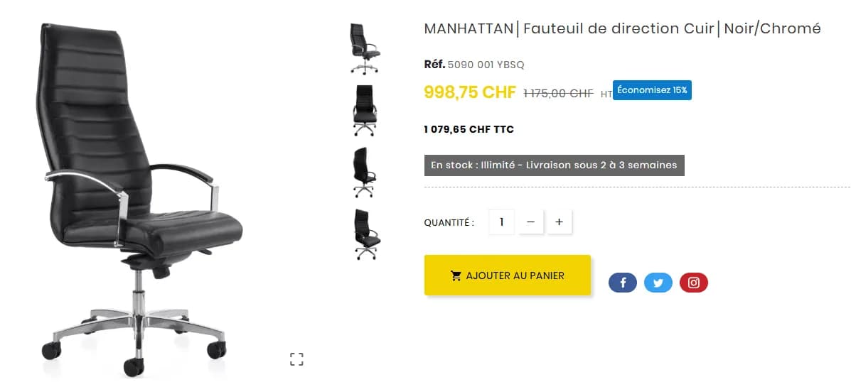 MANHATTAN│Fauteuil de direction Cuir│Noir/Chromé — vue 5